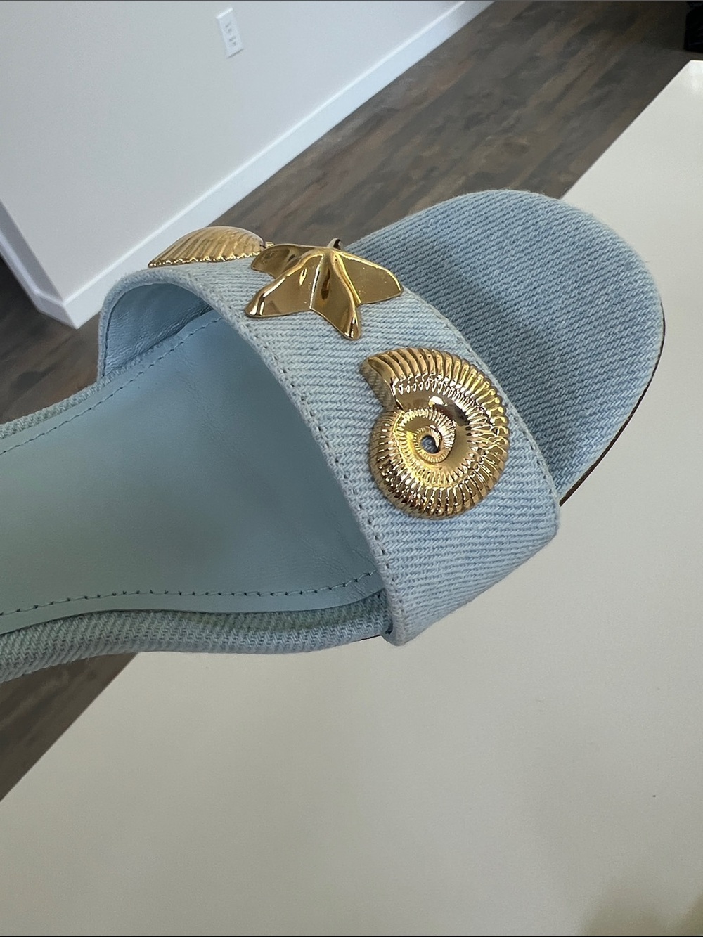 Larroude madison block light blue denim maya heels open toe sandals gold 6 - Picture 12 of 16